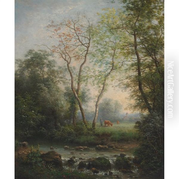 Herder And Cows By Woodland Stream - view 1