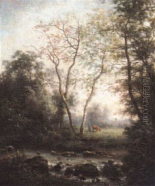 Herder And Cows By A Woodland Stream - view 1
