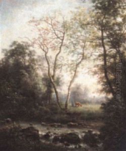 Herder And Cows By A Woodland Stream by Claude Sebastien Hugard De La Tour