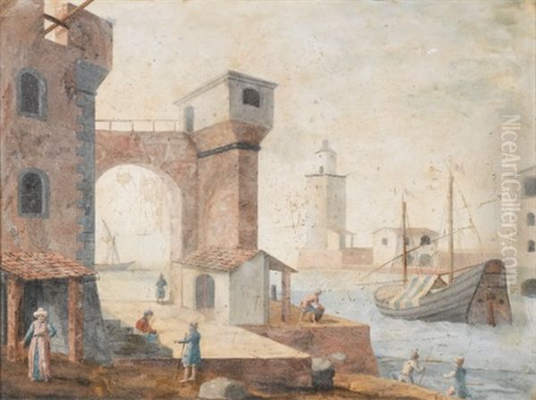 Figures Within Harbour Scenes (pair) - view 1