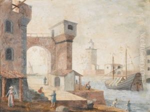 Figures Within Harbour Scenes (pair)