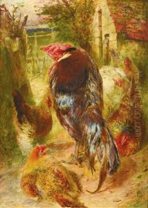 Cockerel And Hens In A Farmyard by William Huggins