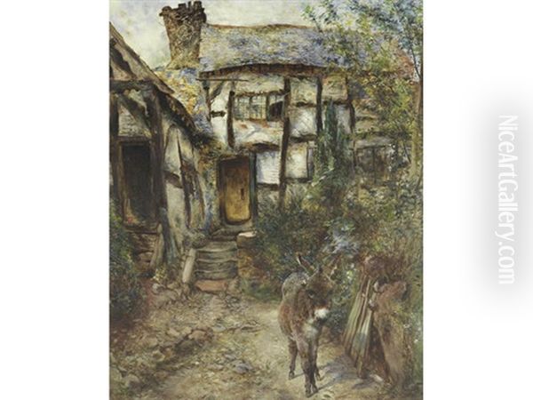 A Donkey In Front Of A Country Cottage - view 1