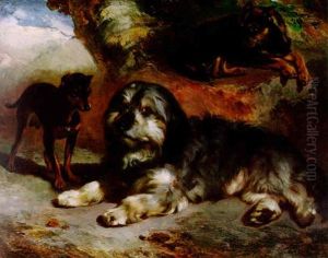 Faithful Friends, A Border Collie And Two Terriers In A Landscape by William Huggins