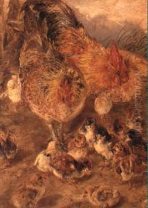 A Cockerel, Hen And Chicks by William Huggins