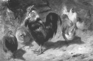 Cockerel And Chickens In A Farmyard by William Huggins