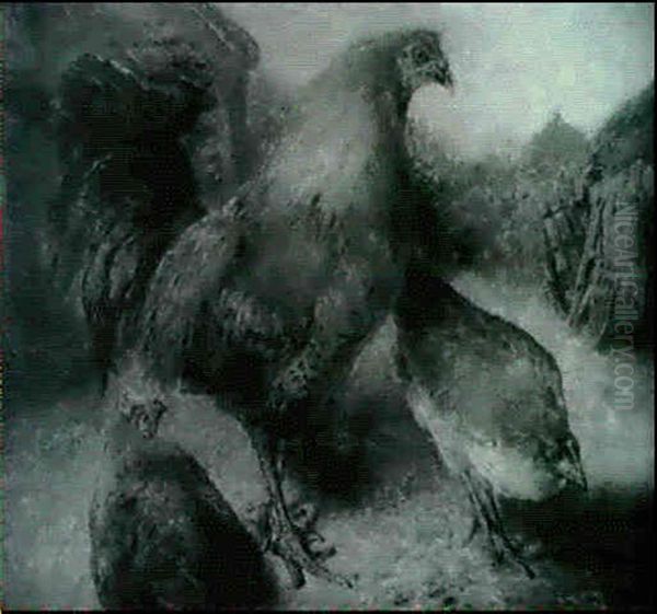 Silver How - A Cock With Two Hens In A Farmyard - view 1
