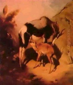 An Oryx And Her Calf In Tropi-cal Landscape. An Oryx And Her Calf In Tropi-cal Landscape.