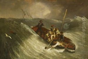 A Man Overboard Being Rescued By Crew In A Ship's Cutter In High Seas