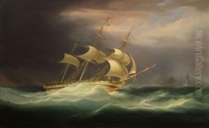 An East Indiaman In A Storm Off Te Eddystone Lighthouse