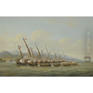 The Boats Of H.m.s. Sloop "procris" (10 Guns) Engaging French Gunboats Off The Mouth Of The Indramayo, Java