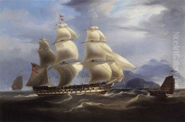 An East Indiaman Reducing Sail Off Hong Kong In Company With A Sampan And Deep Water Junk - view 1