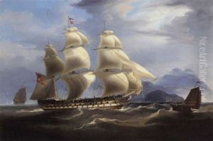 An East Indiaman Reducing Sail Off Hong Kong In Company With A Sampan And Deep Water Junk by William John Huggins