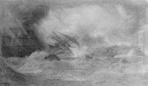 Shipping In Stormy Seas Off Cape Town, With A Distant View Of Table Mountain by William John Huggins