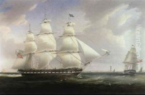 A Ship In Two Positions Off A Lighthouse by William John Huggins