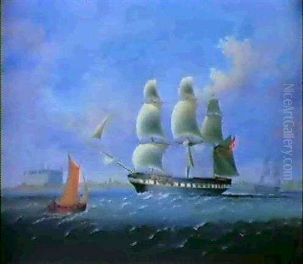 A Frigate And A Brig In A Breeze Passing Kronborg Castle - view 1
