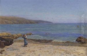 A Girl And Child On A Beach by Arthur Foord Hughes