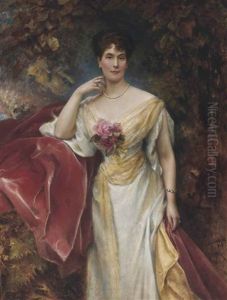 Portrait Of A Lady Wearing A White Dress, With A Sapphire And Diamond Bracelet And Ring And A Pearl Necklace