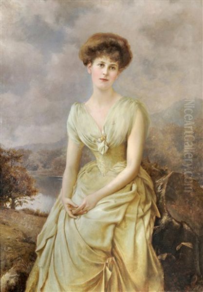 Portrait Of An Elegant Lady, Seated Three-quarter Length, Before A Lakeland Landscape - view 1