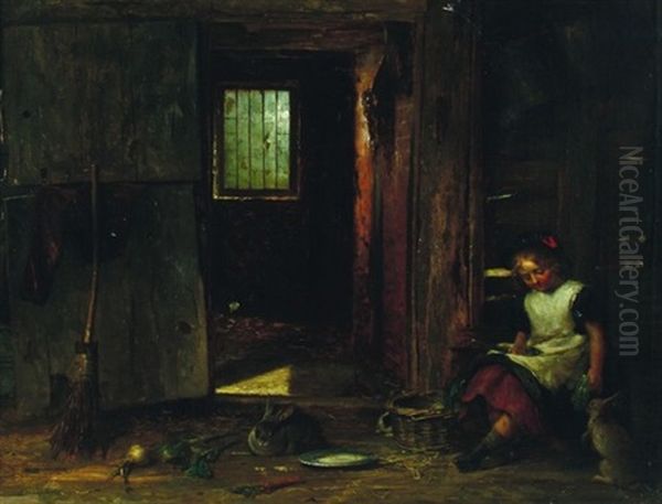 Interieurszene: Madchen Im Stall Bei Der Futterung Der Kaninchen - view 1