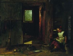 Interieurszene: Madchen Im Stall Bei Der Futterung Der Kaninchen by Edward Hughes