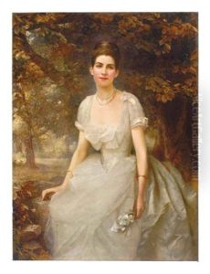 Portrait Of Vere Monckton-arundell, Seated In A White Evening Dress Holding Lilies In A Landscape