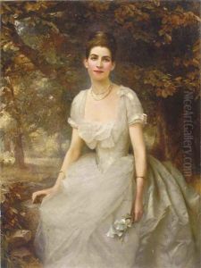 Portrait Of Vere Monckton-arundell, In A White Evening Dress Holding Lilies In A Landscape