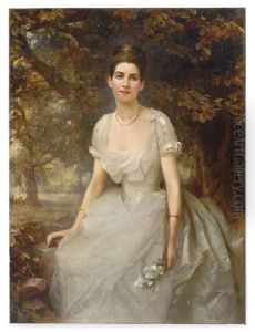 Portrait Of Vere Monckton-arundell, Seated, In A White Evening Dress Holding Lilies In A Landscape