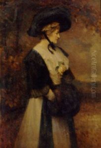 Portrait Of A Lady In A White Dress, Black Shawl And Hat, A Rose To Her Corsage, Her Hands In A Fur Muff, In A Landscape by Edward Hughes