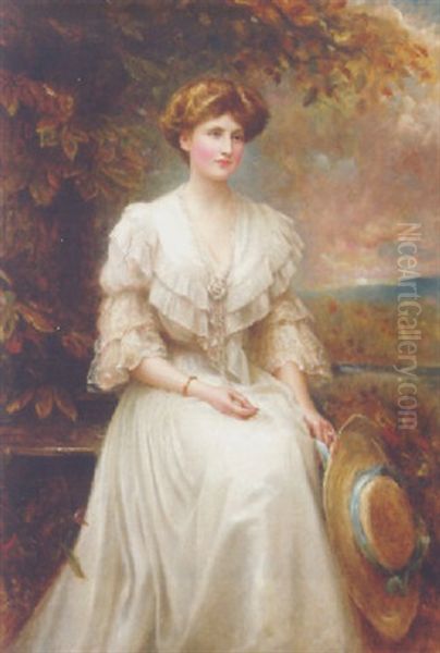 Portrait Of Lady Dorothy Meynell, In A White Dress, Holding A Straw Hat, Seated In A Landscape - view 1