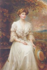 Portrait Of Lady Dorothy Meynell, In A White Dress, Holding A Straw Hat, Seated In A Landscape