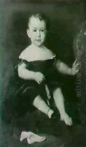 Portrait Of A Young Girl Seated On A Crimson Cushion, Holding A Slipper In Her Right Hand ... by George Hughes