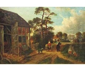 Country Landscape With Figures, Horse And Dog In Lane by John Joseph Hughes