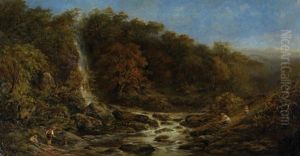 Pistyll Rhaeadr - Fishing And Gathering Berries At The Foot Of The Tallest Waterfall In Wales by John Joseph Hughes