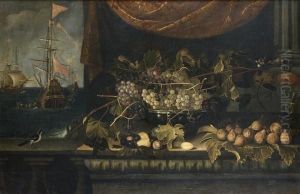 Nature Morte A La Coupe De Raisins, Aux Figues Et Divers Fruits Disposes Sur Un Entablement Devant Une Vue Maritime by Francisco Barrera