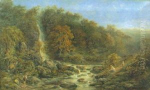 Figurer I Engelskt Landskap Med Vattenfall by John Joseph Hughes