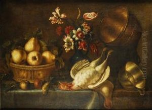 Bodegan: Cesta De Peras, Florero, Gallinas Y Utensilios De Cobre Sobre Una Mesa by Francisco Barrera
