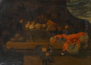 Lobster, Pineapples And A Woven Basket Filledwith Pears, Apples And Grapes, On A Stone Ledge by Francisco Barrera