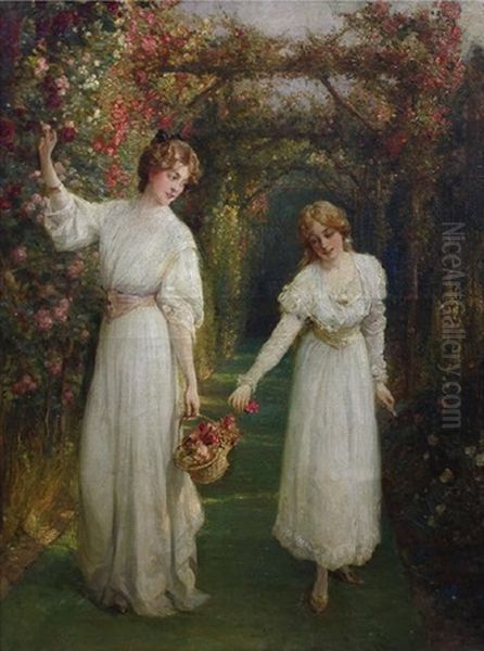Two Young Ladies Picking Roses In An Arbor - view 1