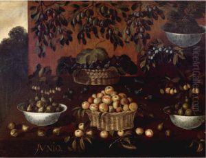 An Allegory Of The Month Of June: Still Life Of Apples, Plums, Figs And Blackberries In Wicker Baskets And Porcelain Bowls, Arranged On A Stepped Ledge, With Branches Of Plums Suspended From Above