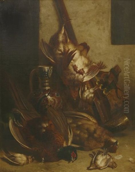 Still Life Of Game With Pheasants, Gun, Powder Horn And Earthenware Vase - view 1
