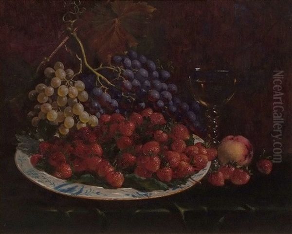 Still Life Study Of Mixed Fruit On A Blue And White Platter On A Table Ledge - view 1