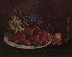 Still Life Study Of Mixed Fruit On A Blue And White Platter On A Table Ledge