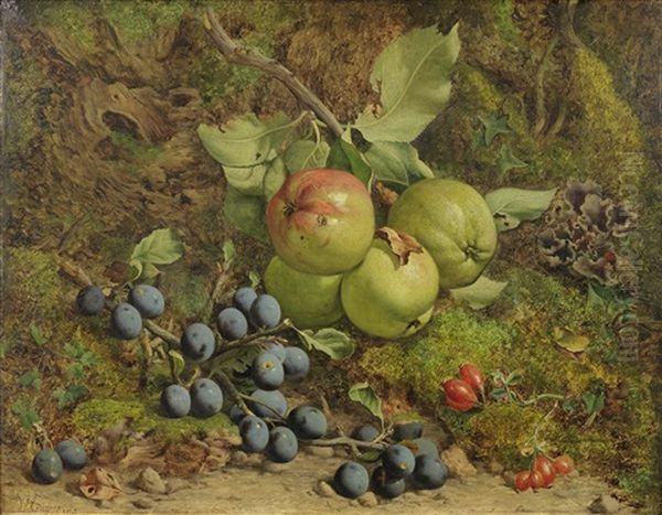 Still Life Of Apples, Damsons, Rose Hips And Fungus In A Wild Setting - view 1