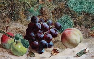 Grapes, Apples And A Peach On A Mossy Bank (+ Still Life Of Apples And A Pear; Pair) by William Hughes