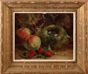 Still Life Of A Bird's Nest, Fruit And A Red Admiral Butterfly On A Mossy Bank