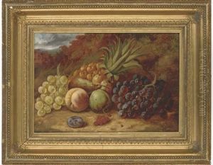 Grapes, Pineapple, Pear, Apples, Peach, Plum And Redcurrants, On A Mossy Bank by William Hughes