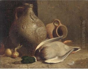 Still Life Of A Duck, Pots, And Garlic