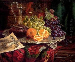 Grapes And Oranges On A Silver Salver, With A Decanter Of Red Wine On A Carved Ledge