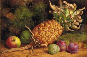 A Pineapple, Plums And An Apple On A Mossy Bank
